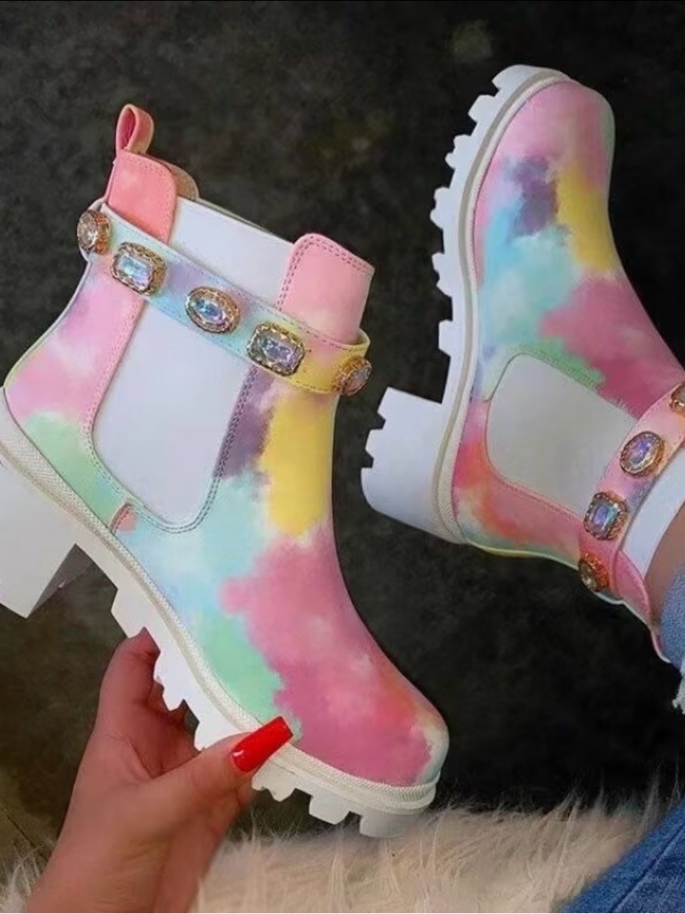 Ladies Tie-Dye Pink Multicolor Gem Chelsea Boots